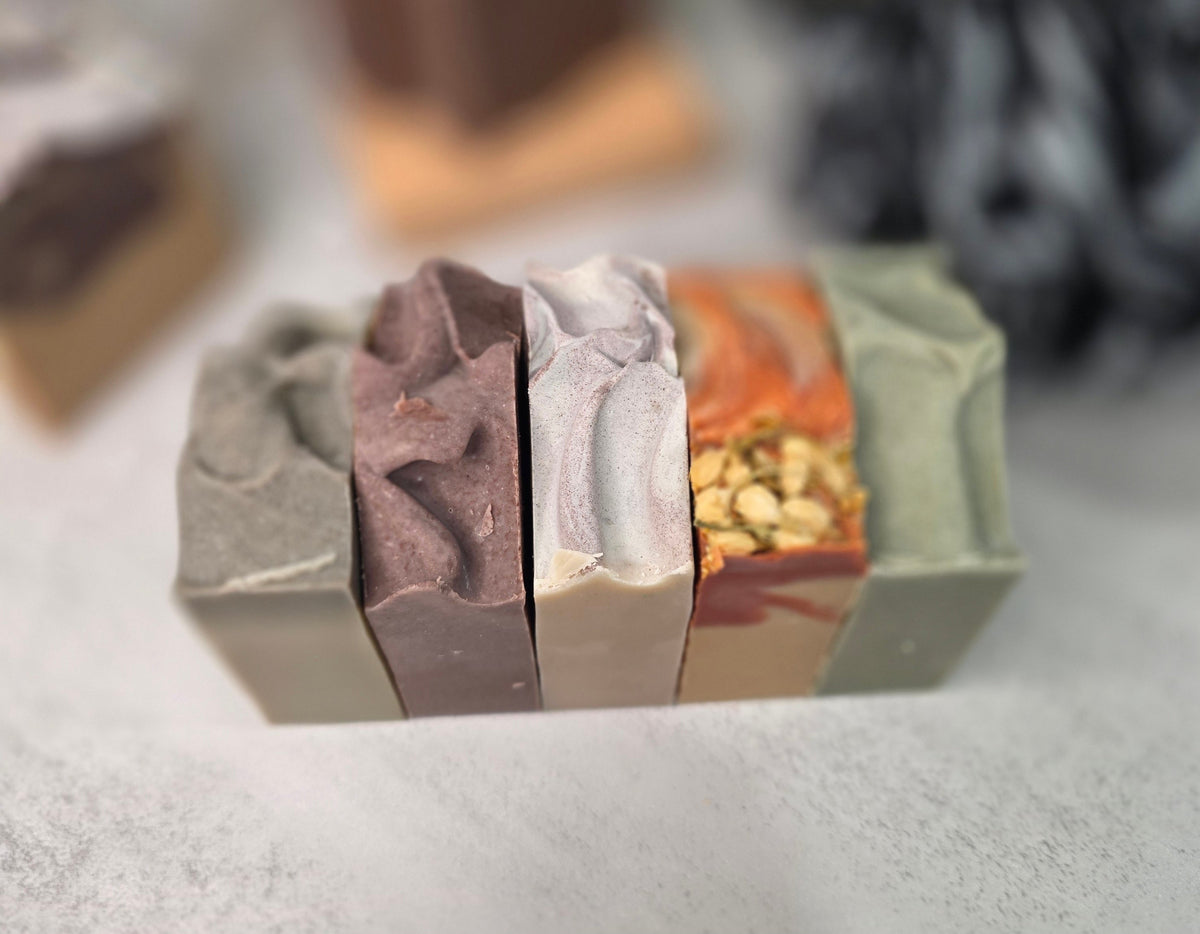 essential oil soaps, green, purple